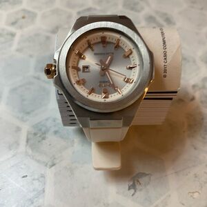 Casio Silver and White Watch with Gold Details